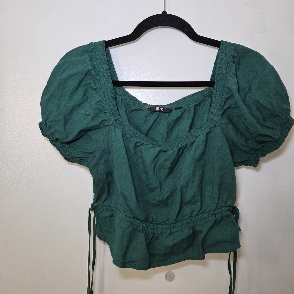Uniqlo Green Puff Sleeve Peplum Blouse Square Neck Linen Blend Women's M